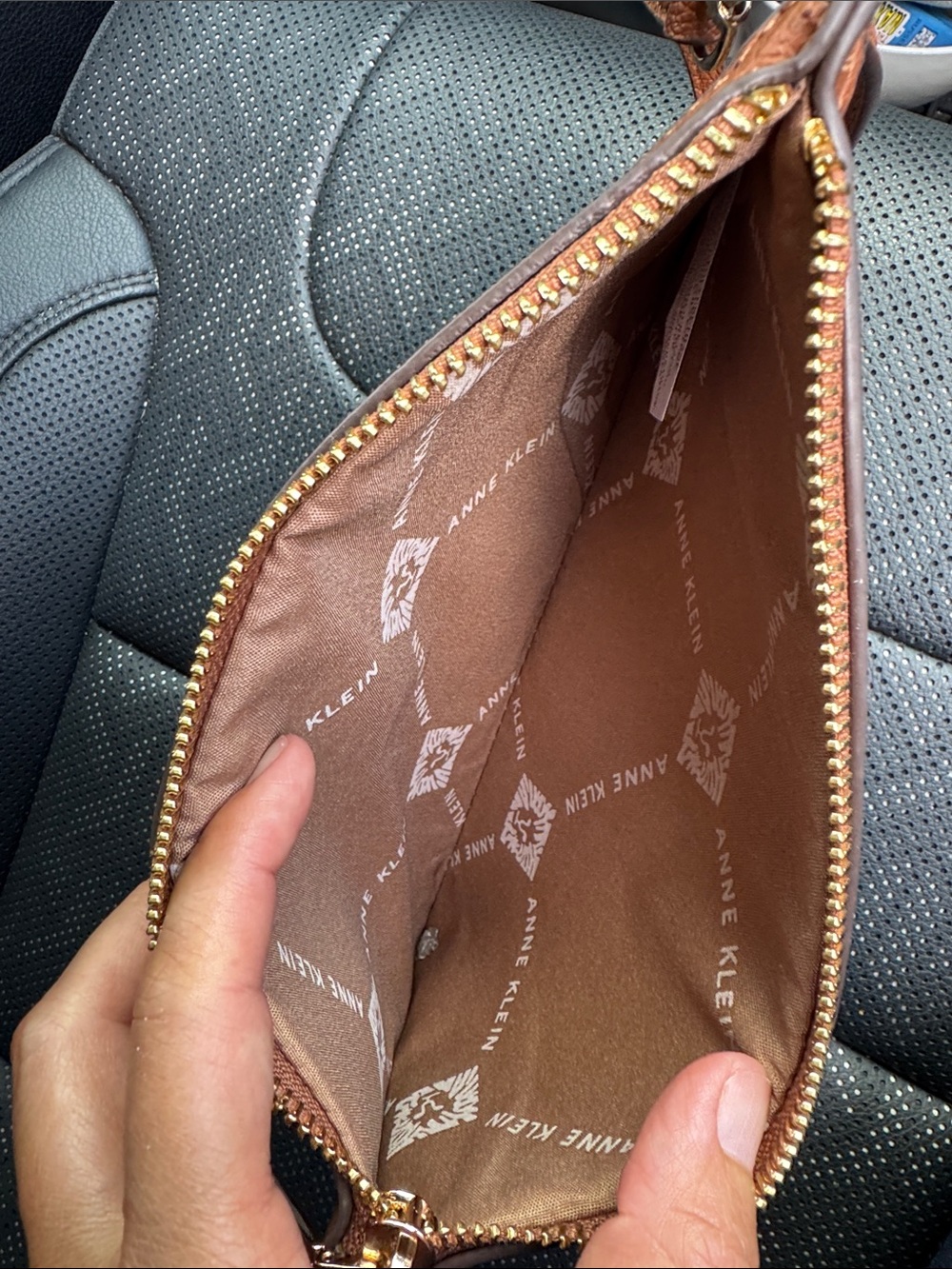 Anne Klein Brown Logo Print Wristlet Clutch with Tan Trim - Picture 6 of 6